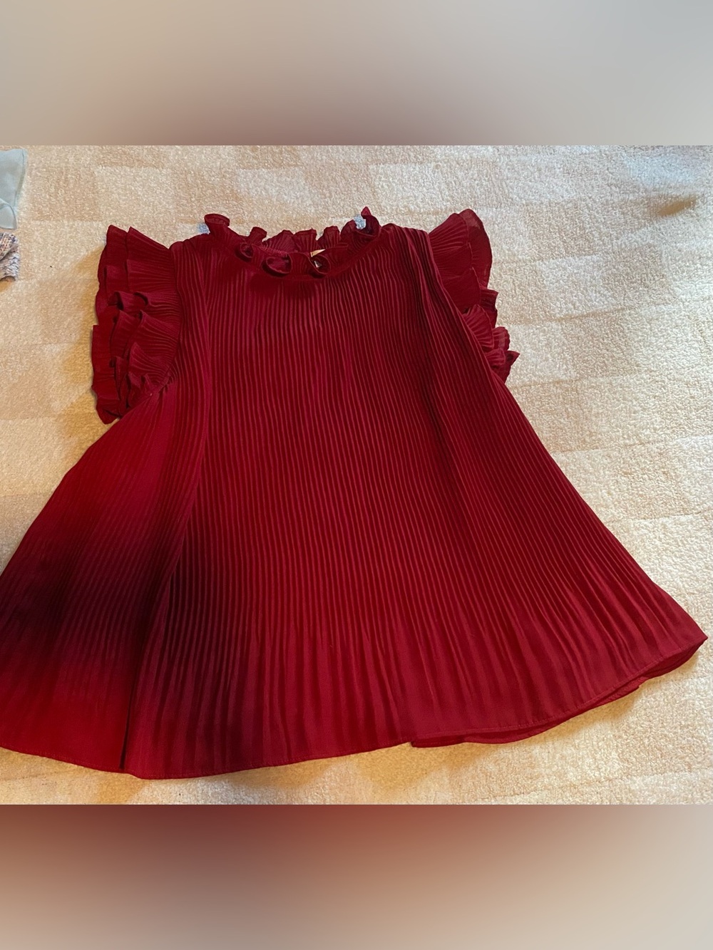 Women's Pleated Ruffle Sleeve Top - Burgundy Red
